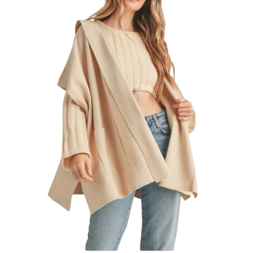 Mable Hudson Knit Cape/Sweater/Cardigan With Hood & Pockets Light Taupe Size S